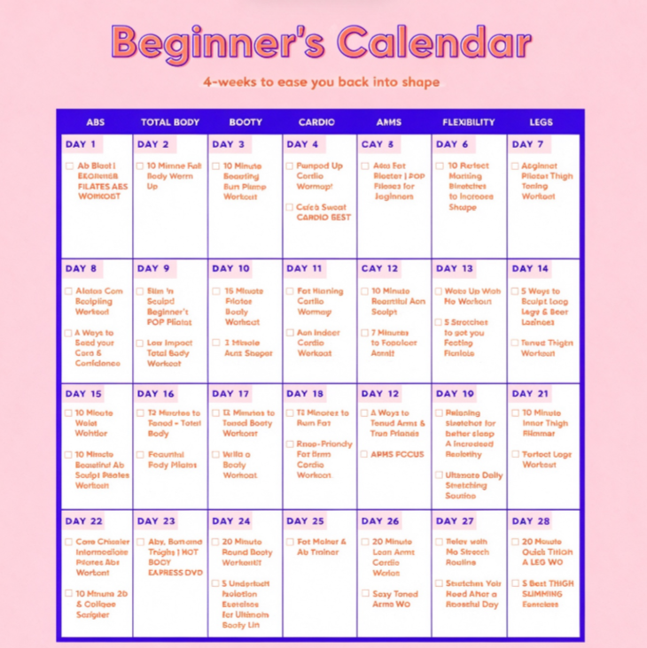 Workout Schedule Calendar